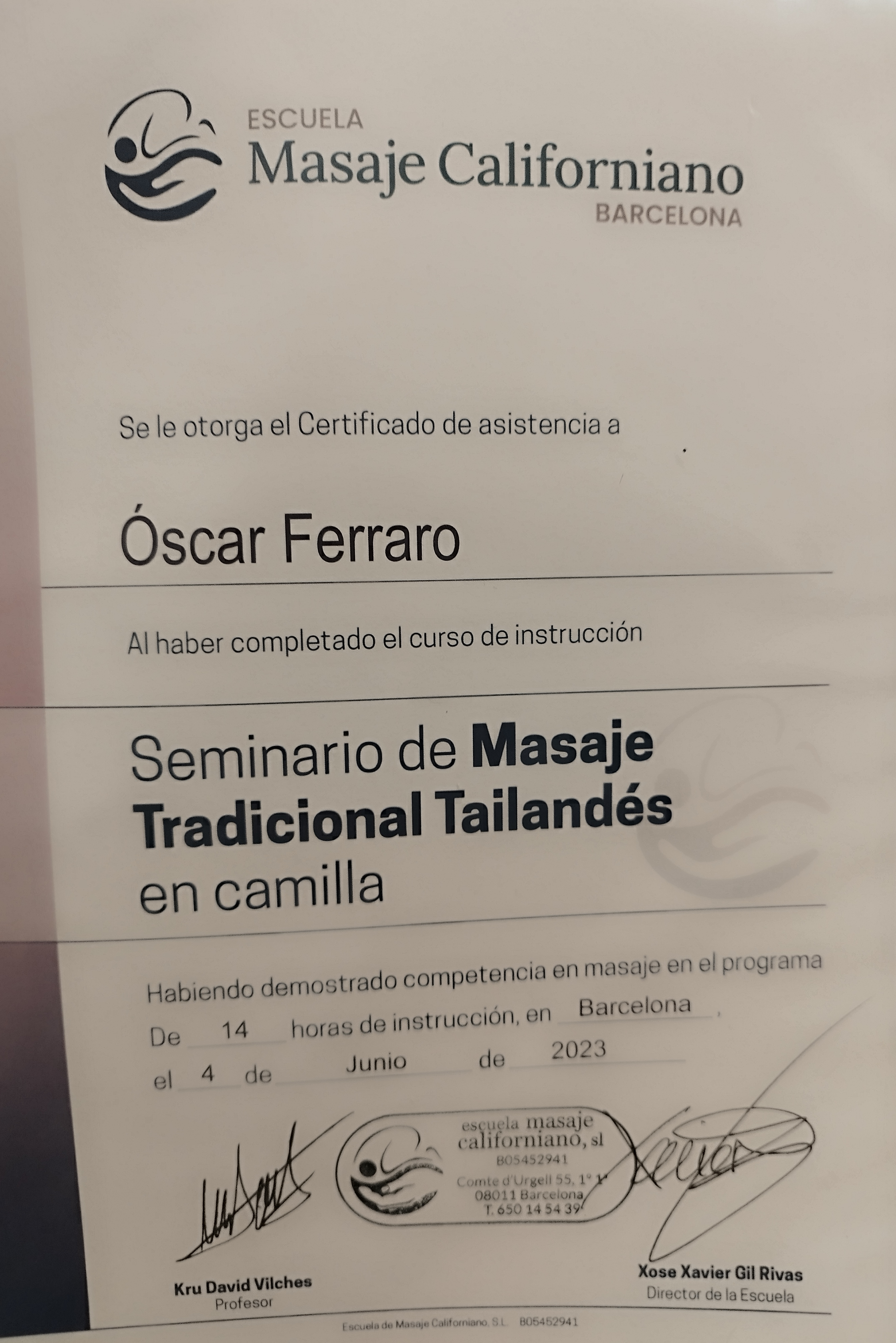 Certificado masaje Tailandes